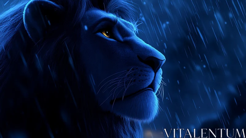 Side profile of blue-lit lion in rainfall at night.