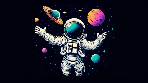 Chromatic extravehicular astronaut amid stylized planetary orbits.