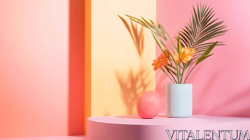 Sunny pastel still life with palm leaves and coral blooms.