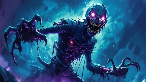 Bioluminescent skeletal wraith with glowing claws in motion