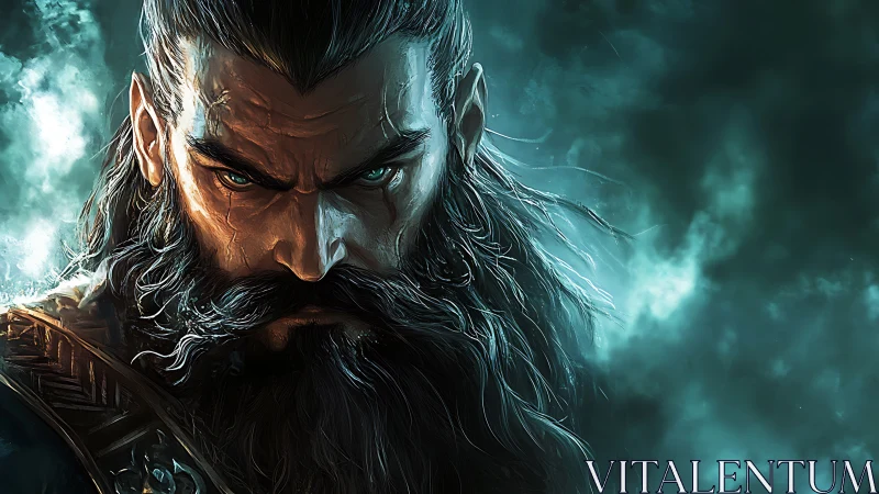 Stoic warrior portrait in cold teal storm glow.