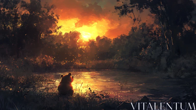 Bear silhouette watches blazing sunset over forest pond