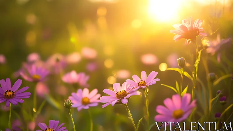 Pink Daisies Bathed in Golden Hour Sunlight.