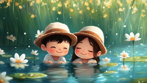 Two Friends Find Joy in a Lily Pond Garden.