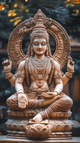 Serene wooden deity smiles through cascading carved halos