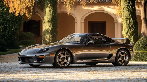 Gran Turismo-era rotary coupe in Mediterranean courtyard light.