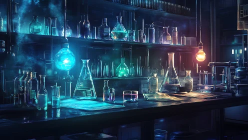 Luminous neo-noir laboratory bench glows with reactive glassware