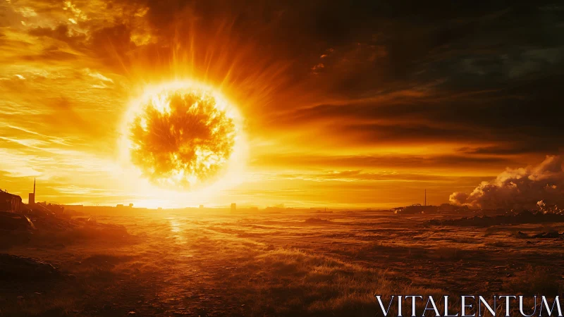 Apocalyptic solar sphere over scorched industrial horizon.