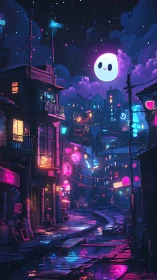 Neon soaked alley at night under smiling cartoon moon.