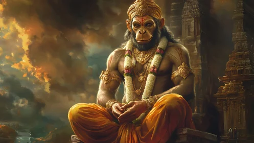 Serene monkey deity in saffron robes beneath stormlit skies.