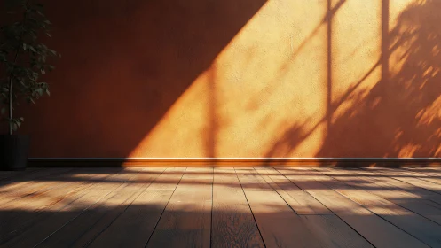 Sunlit orange wall and wooden floor with strong shadows