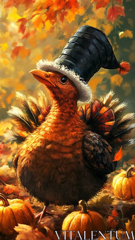 Anthropomorphic bird in autumn setting with formal attire.