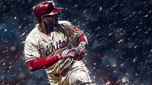 Dynamic baseball batter in snowfall, high contrast digital art
