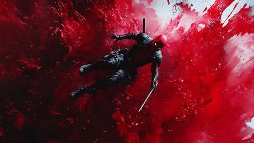 Masked combatant in red fluid explosion backdrop scene.