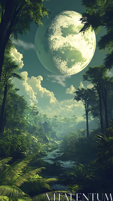 Forest Cathedral Gazes Upon an Emerald Moon's Luminescence