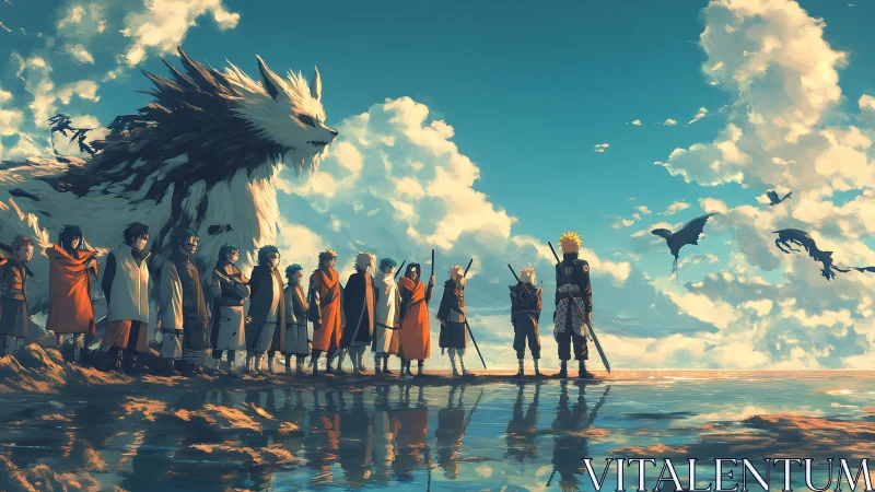 Group of warriors stands on reflective shore under vast sky