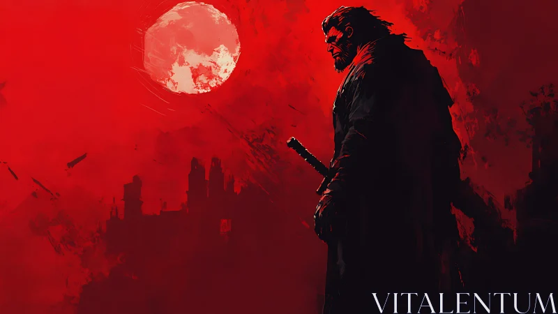 Solitary sword-bearing figure stands before red lunar sky