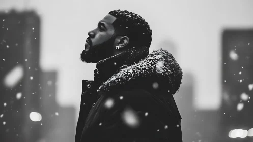 Side profile portrait of man in snowfall, urban background.