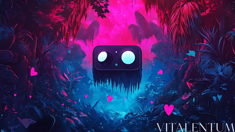 Floating camera module hovers above neon jungle landscape