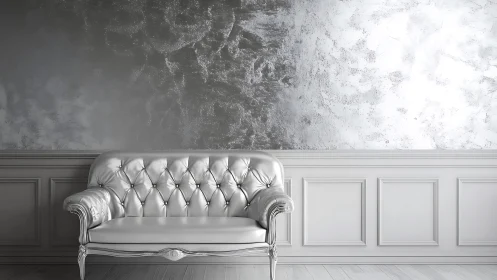 Elegant tufted silver sofa in luxurious modern interior setting.