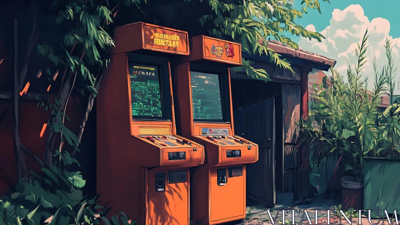 Sunlit retro arcade machines tucked into a leafy corner.