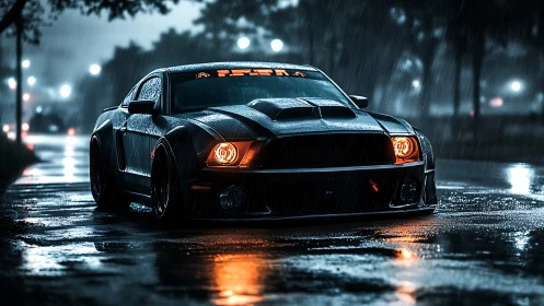 Muscle car parked on wet city street in heavy rain.