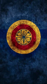 Weathered golden emblem on deep navy battleworn field.