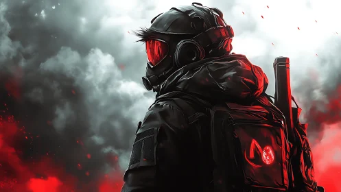 Armored tactical figure in gas mask amid dense red smoke.