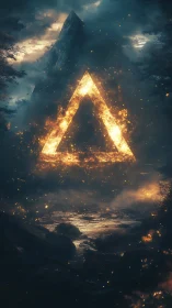 Luminous Triangle Portal Surrounded by Mystical Mountain Landscape.