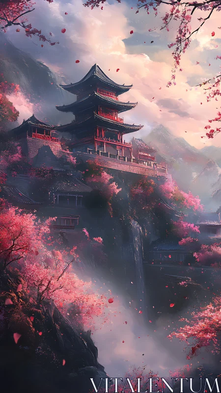 Vertical mountain pagoda amid cascading sakura atmosphere.