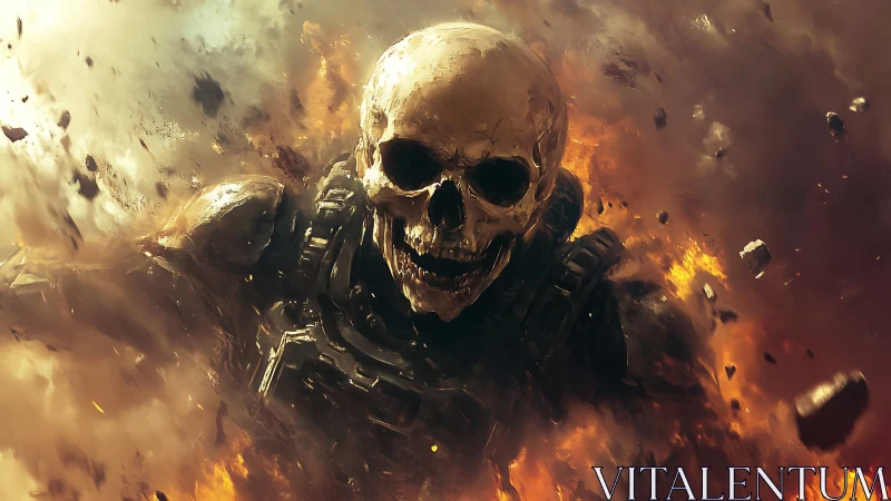 Armored flaming skull warrior emerging through explosion.