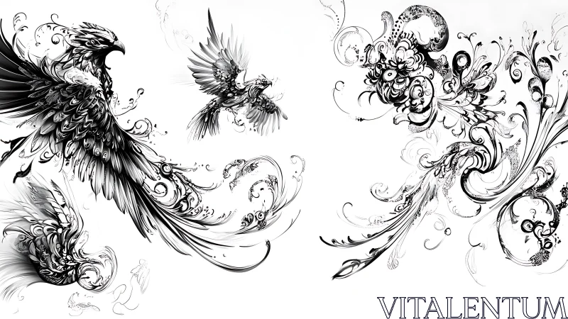 Elegant black and white phoenixes in ornate abstract style.
