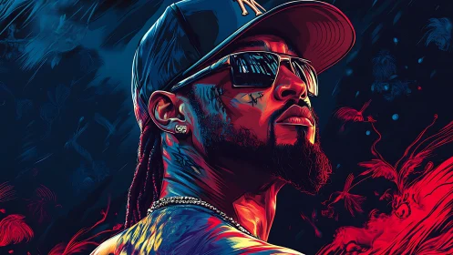 Neon-lit rapper portrait radiates confidence in urban night