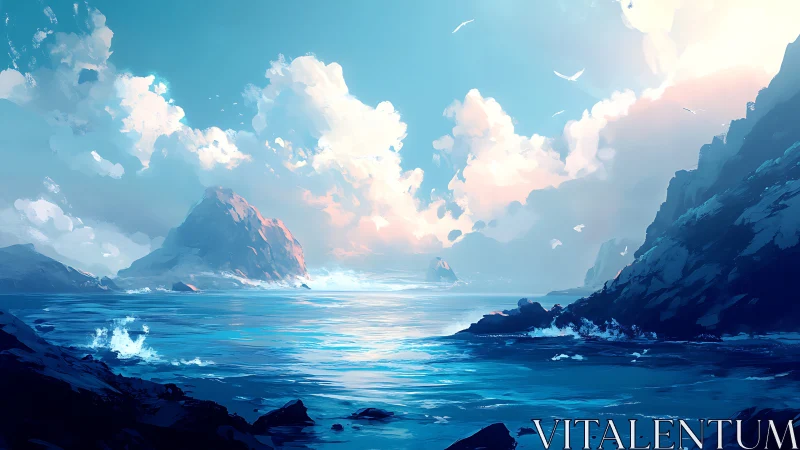 Luminous ocean bay with towering clouds and distant peak.