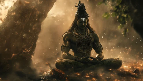 Cosmic yogi in molten dusk, cradling stormlit stillness.