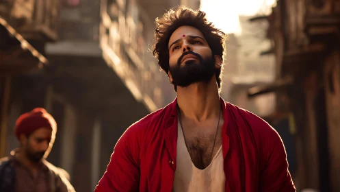 Backlit young man in red shirt walks through narrow street