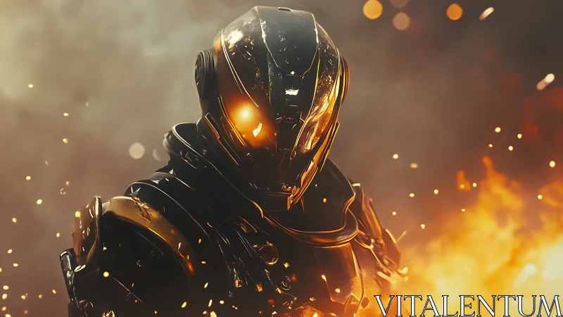 Armored robotic figure stands amid intense surrounding flames