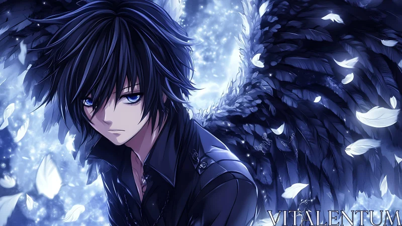 Blue-eyed dark angel framed by luminous falling feathers