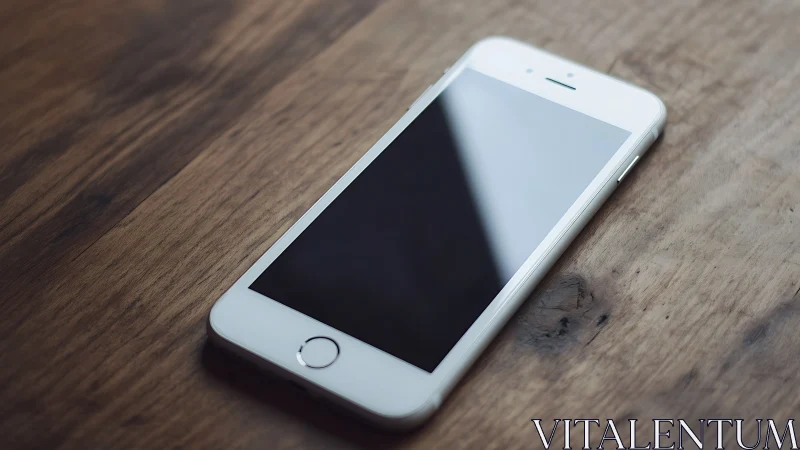 Pristine white smartphone rests on weathered wooden surface.