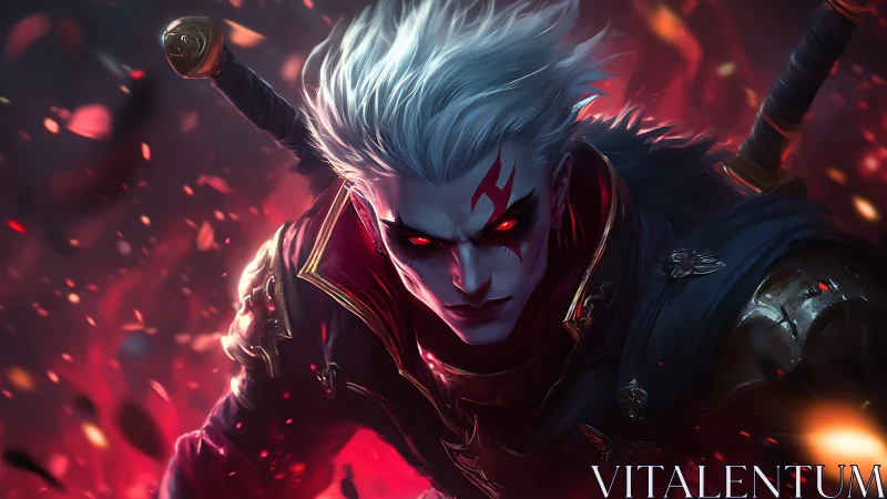 Storm-eyed dark warrior racing through a crimson battle.