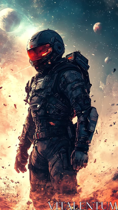Armored space soldier walking through burning debris field.