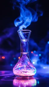 Glowing chemistry flask with neon vapor on dark backdrop.