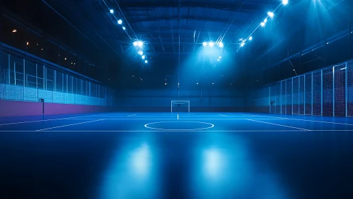 Bright indoor futsal court glows under atmospheric blue lights