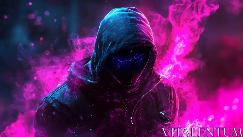 Mysterious hooded wanderer in neon pink digital mist.