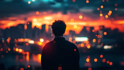 Silhouette views illuminated city skyline with defocused lights