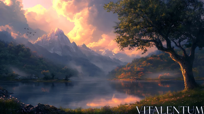 Sunset-lit alpine lake under towering misted peaks.