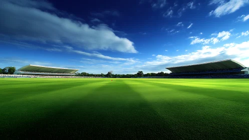 Cricket stadium outfield glows under deep blue sky