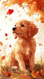 Golden puppy daydreams beneath swirling autumn leaves.