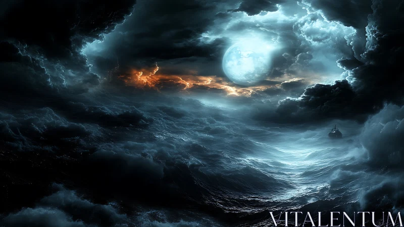 Moonlit storm sea with distant vessel under dense clouds.
