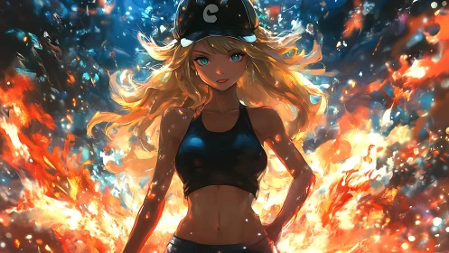 Fiery anime heroine stands amid dynamic bokeh explosions